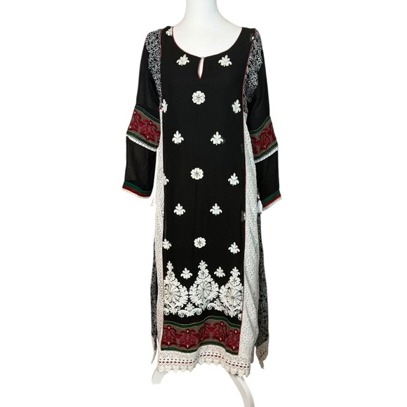 Asopalav Indian Salwar Kameez Black Red White XL Embroidered Lace Sheer Sleeves - Picture 1 of 15